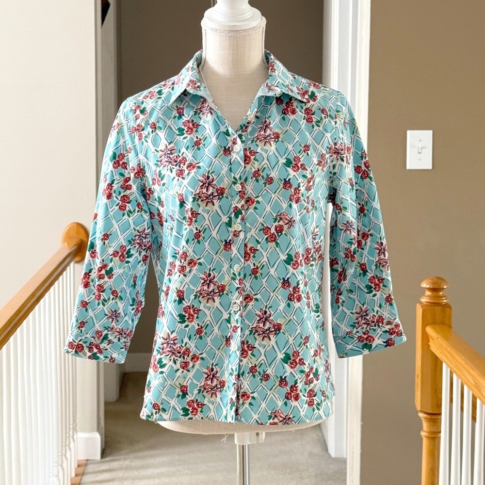 Lands'‎ End Womens Top 6P No Iron Supima Cotton Floral Lattice 3/4 Sleeve Blue